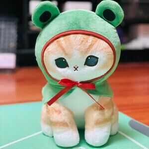 NWT Authentic Mofusand Green Frog Orange Tabby Kitten Plushie 11”